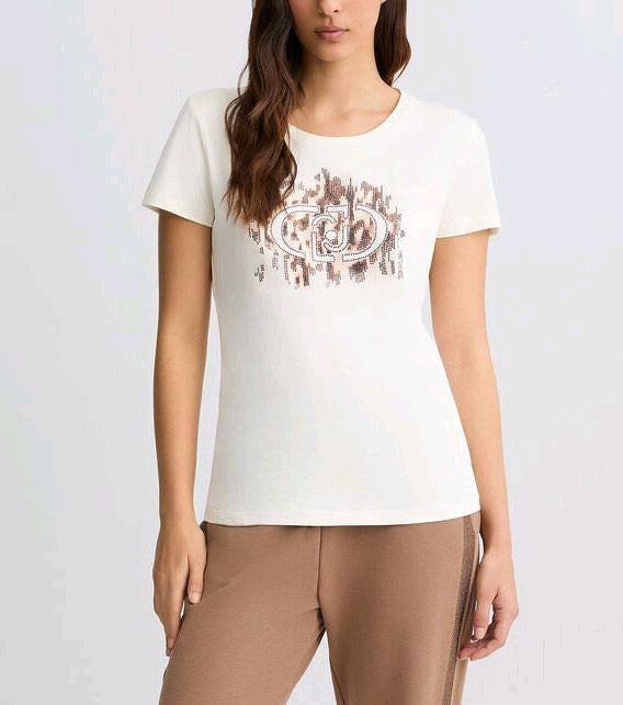 liu jo t-shirt con logo animalier e strass ta5173js003