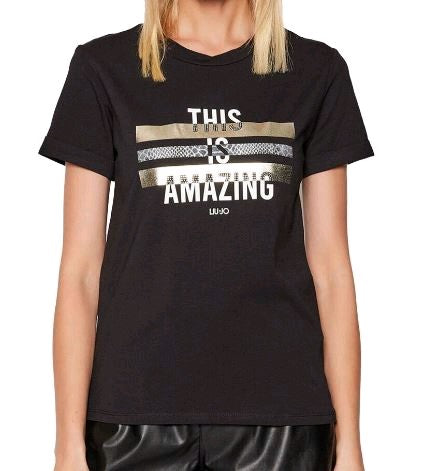 liu jo t-shirt con stampa e paillettes ta2027j5003