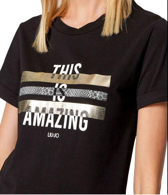 liu jo t-shirt con stampa e paillettes ta2027j5003